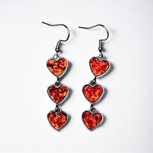 Silver & Red Heart Trio Glitter Dangle Drop Earrings Nwt